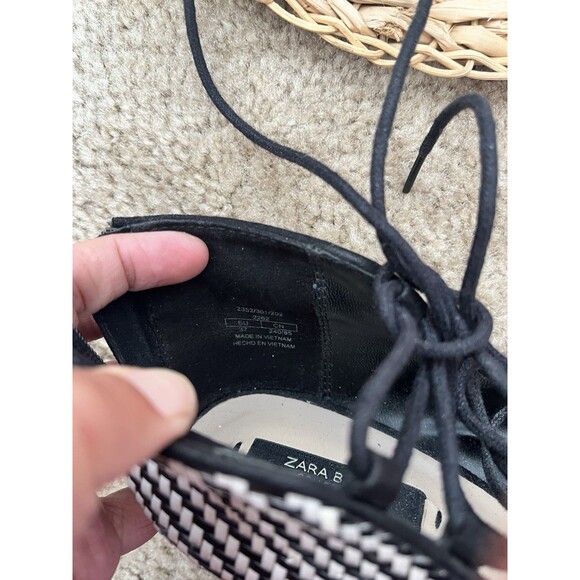Zara sz 6.5 Black White Chevron Square Peep Toe Lace Up Stiletto Heels - Picture 7 of 8